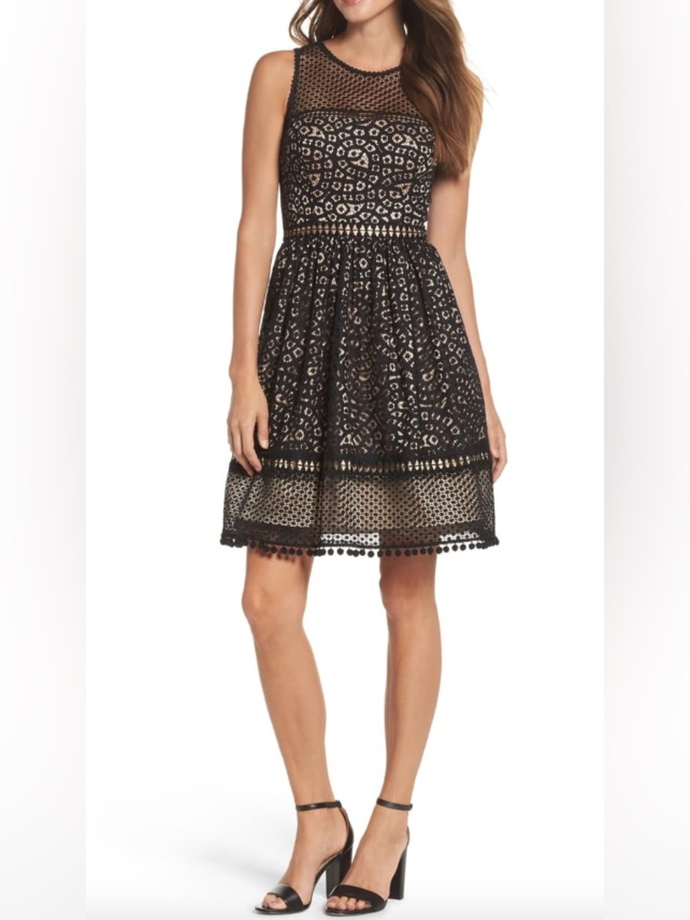 Eliza J sleeveless fit-and-flare dress black lace overlay, size 10